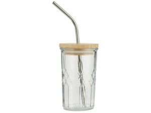 Glas med bambuslåg og metalsugerør